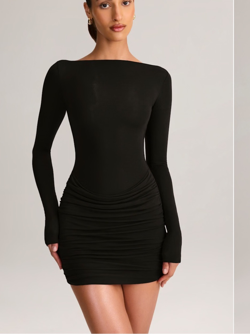 Oh Polly Black Long-Sleeve Ruched Mini Dress